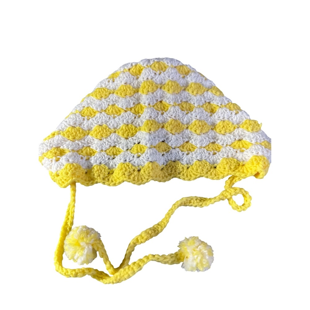 Handmade Crochet Baby Bonnet Yellow White Shell Stitch Pixie Pom Pom Hat Kids - Picture 4 of 4
